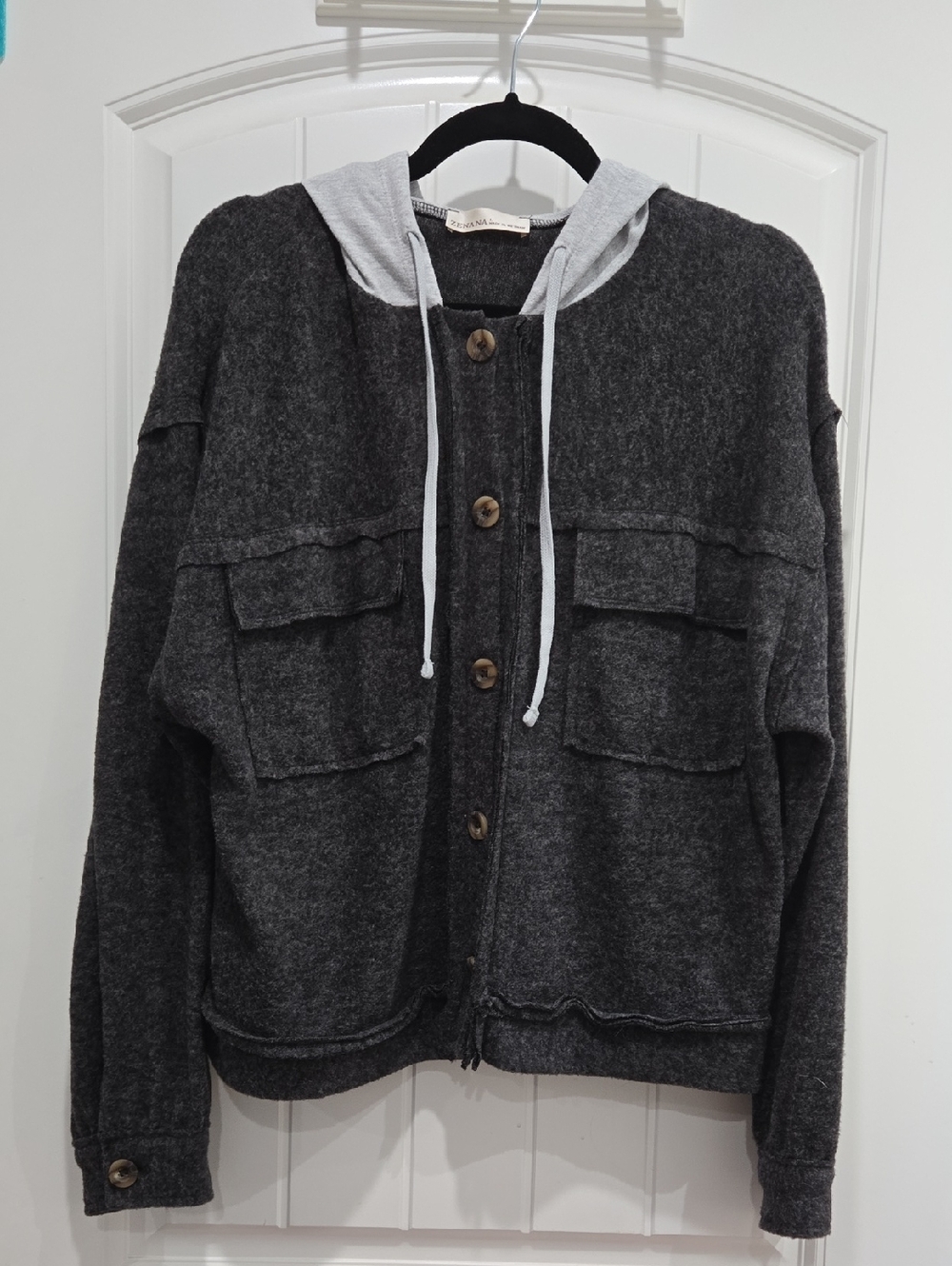 Zenana Charcoal Button-Front Hooded Jacket with Front Flap Pockets